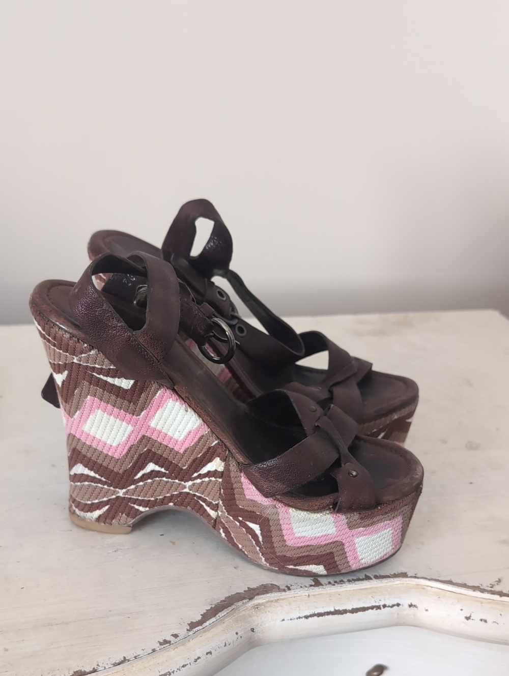 Miu Miu Brown Leather Wedge Sandals with Pink and Cream Patterned Platform